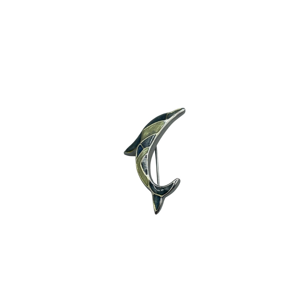 Vintage Silver Tone Dolphin Brooch Blue Green Enamel Nautical Animal Pin